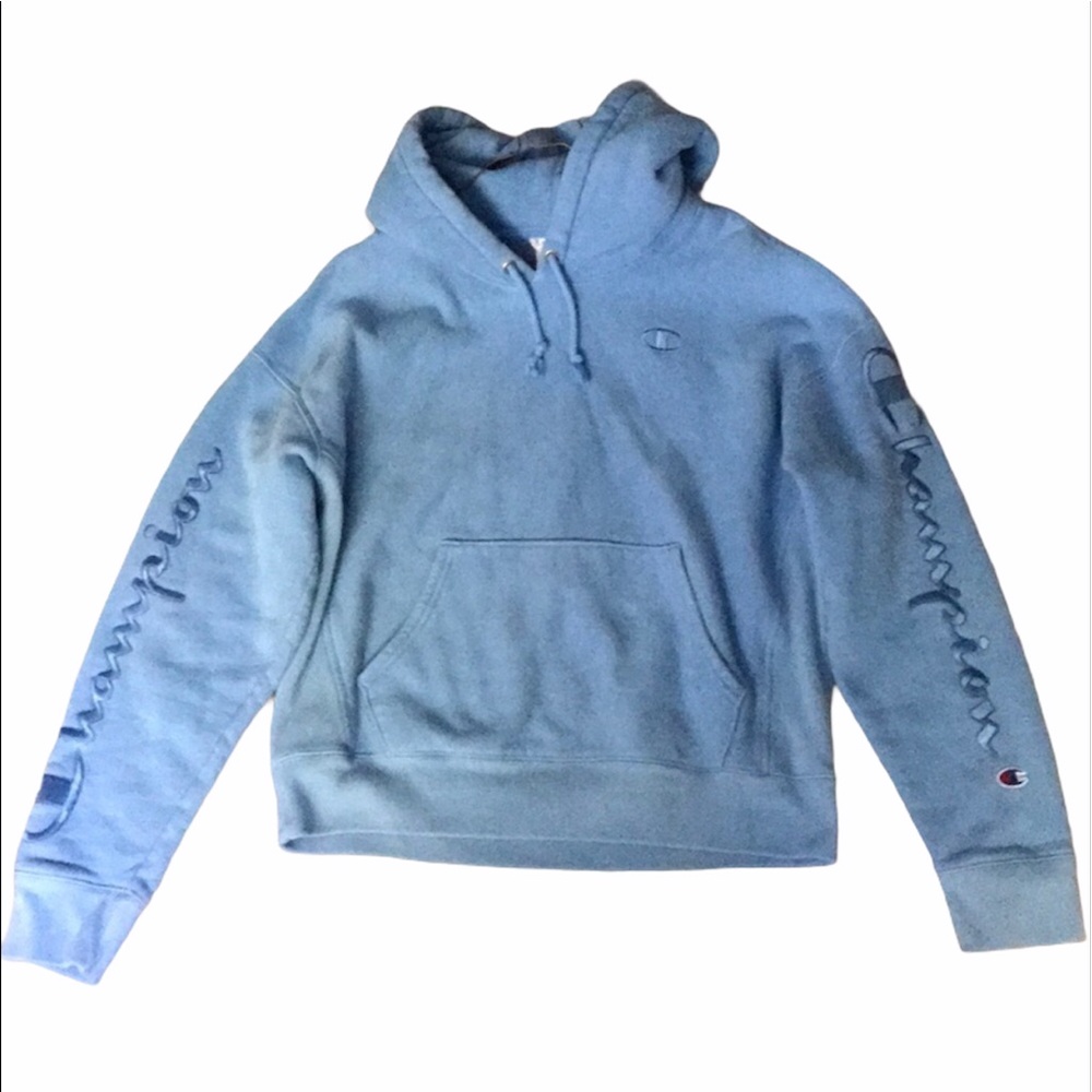 champion blue hoodie reverse weave
